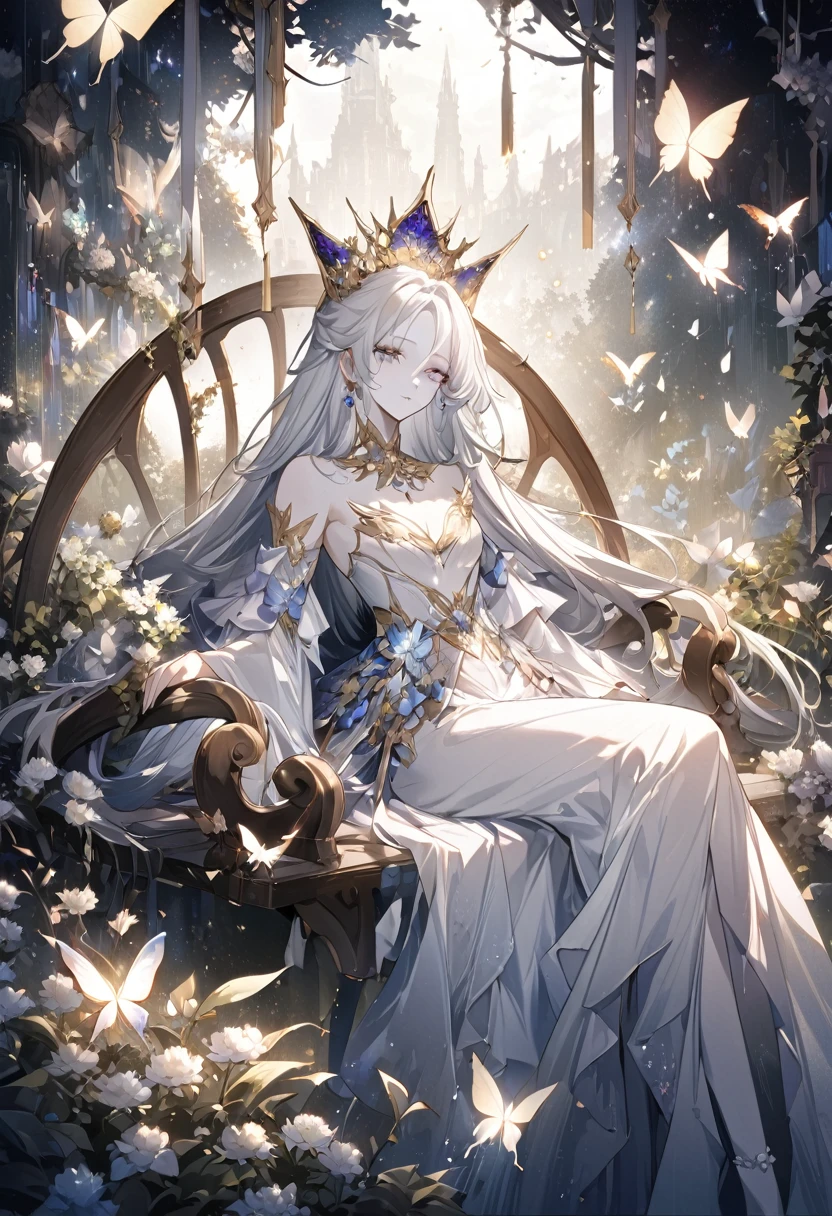 A woman wearing a crown，Sitting on a garden swing，Beautiful and elegant butterfly queen, Gveiz, Fantasy art style, 8k high quality detailed art, Butterfly King, 美しく魅惑的なButterfly King女，Digital fantasy art , Elegance, (Long white hair，White skin，The skin is translucent white，Eyes sparkling，Wearing a beautiful dress，Scalloped Sleeve，Beautiful Face， Pale face），Fresh flowers，particle，shine，Gveiz-style artwork, Uropa Art,