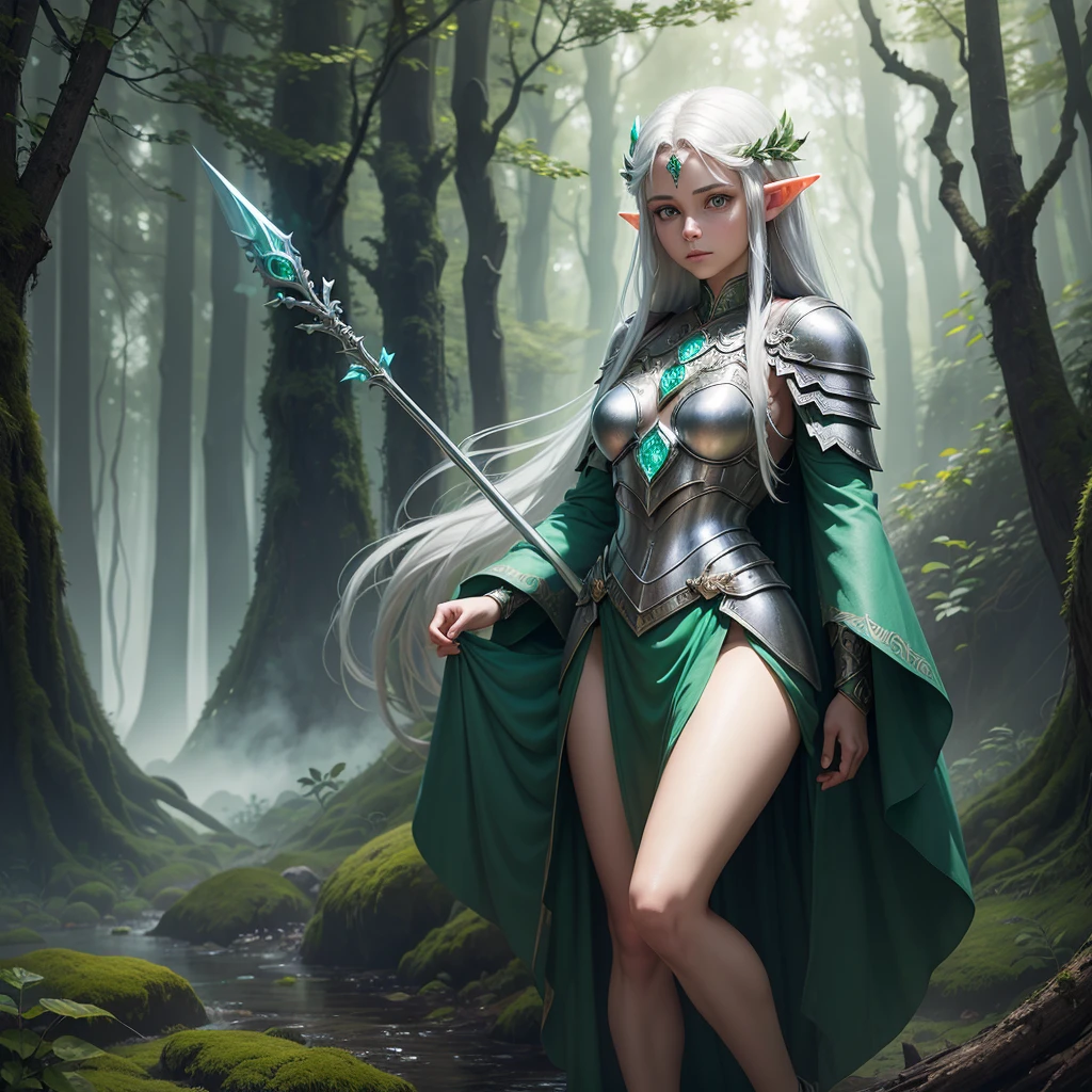A young, adventurous female elf warrior standing in a mystical forest. She has long, flowing silver hair and piercing green eyes. Her armor is made of intricately designed silver and green metals, adorned with emeralds. She holds a glowing, ancient staff in her right hand and a small, enchanted shield in her left. The forest is dense with ancient trees, bioluminescent plants, and soft mist swirling around her feet. The mood is magical and mysterious, realistic, 4k, beautiful big eyes, cover legs