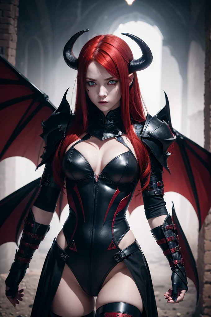Female demon with reddish red hair and blue eyes, with bat wings and goat horns, wearing short, black armor, hell atmosphere, Terror, fsntasia. Intense and heavy lights. Colors with less saturation. 