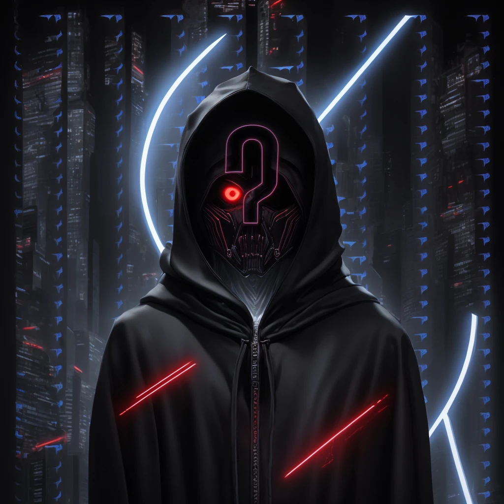 Close-up of a person wearing a hoodie with a black question mark., Wear sci-fi cape with hood, A surreal hooded body., Sith Lords Obscured by Hats, Wily, Mysterious Person, ( ( hesitant ) ), Hooded body, DarkSynth character images, dmt entities, What 8k?, white transparent science fiction cover