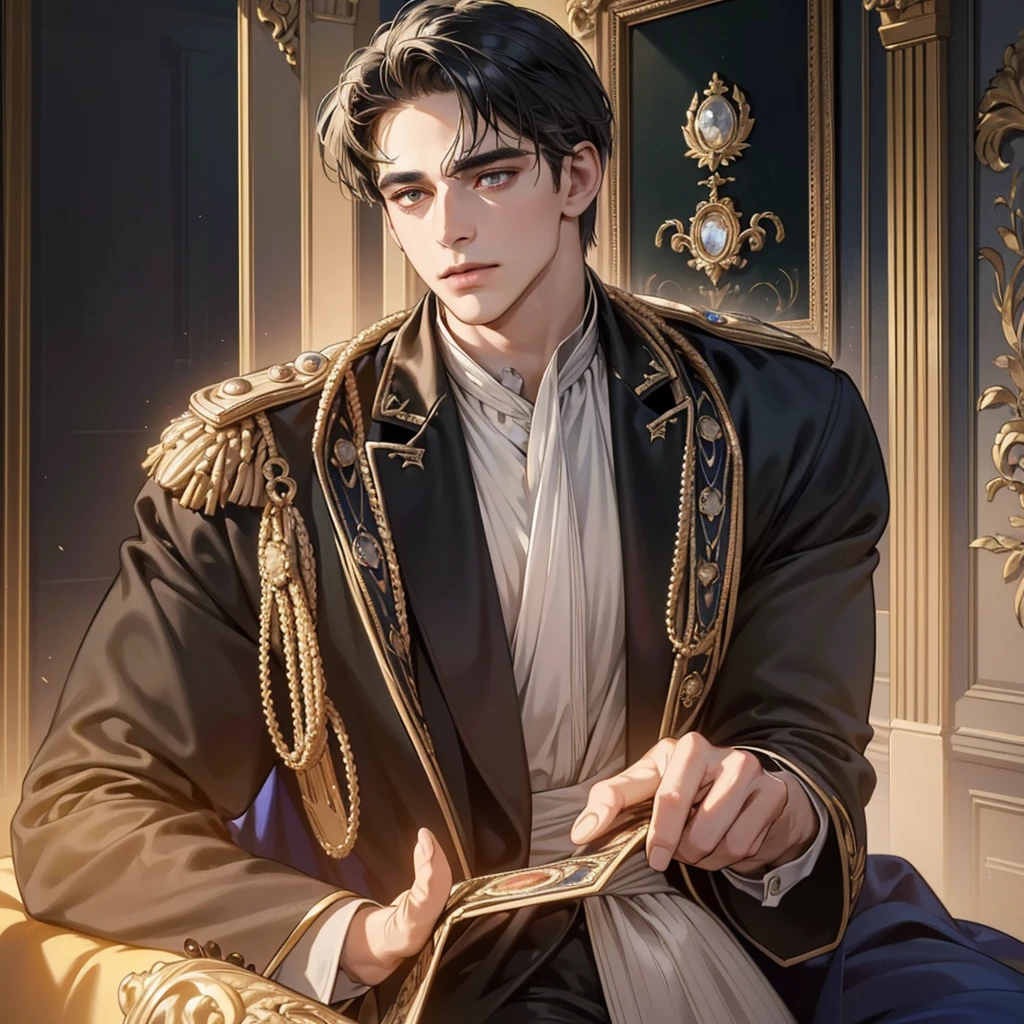 a portrait of a 34-year-old Constantine the Great, reviving in modern times, with a gentle smile, strong lion-like eyes, an overwhelming aura of a dominant ruler, wearing a high-end suit, successful businessman, inside a grand hall, with the glittering of Istanbul's jewels, a fantastical and metropolitan night scene, (best quality,8k,highres,masterpiece:1.2),ultra-detailed,(realistic,photorealistic,photo-realistic:1.37),extremely detailed eyes and face, beautiful detailed eyes, beautiful detailed lips, longeyelashes,cinematic lighting,dramatic lighting,volumetric lighting,dramatic contrast,vivid colors,intricate details,chiaroscuro,cinematic composition,imposing presence,regal bearing,charismatic expression