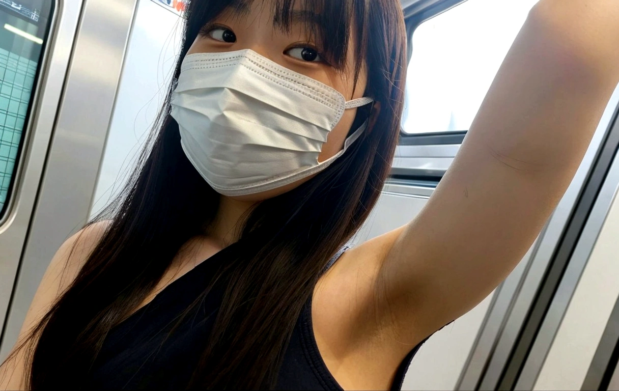 Young Japanese woman wearing a mask on the subway train, Wear a mask, Big Big Breasts、White shirt,Inside the train, Wearing a mask, Selfie taken at a straight angle, Showing armpits,
