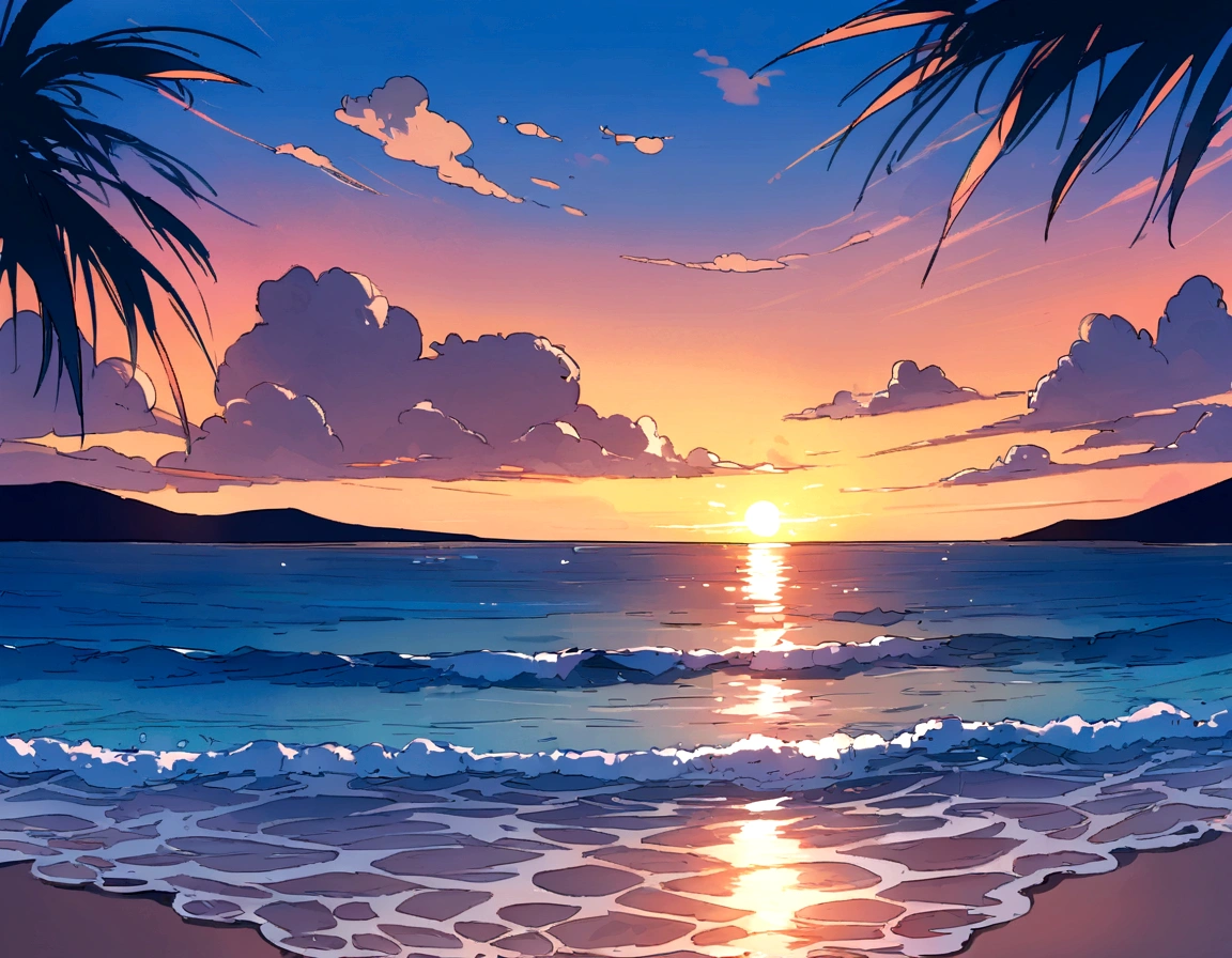 masterpiece、Highest quality、Externalization South Winters background cloud evening sunset Calm Sea Illustration Healing Category,Hawaii,