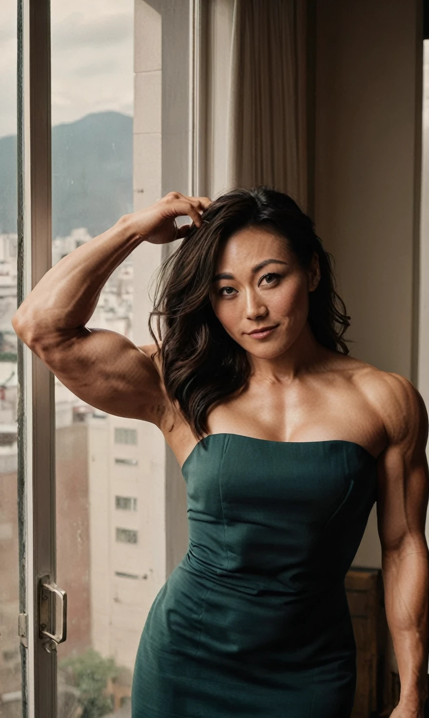 a beautiful picture of fukuharaXL ,woman,dark hair,detailed skin texture,muscular body,muscular arms,bulging biceps,masterpiece, photorealistic, light, RAW color photo,(fully in frame:1.1), (blush:0.5), (goosebumps:0.5),wearing a dress,detailed face,indoors, (smile:0.5), film grain,cinematic lightning,
