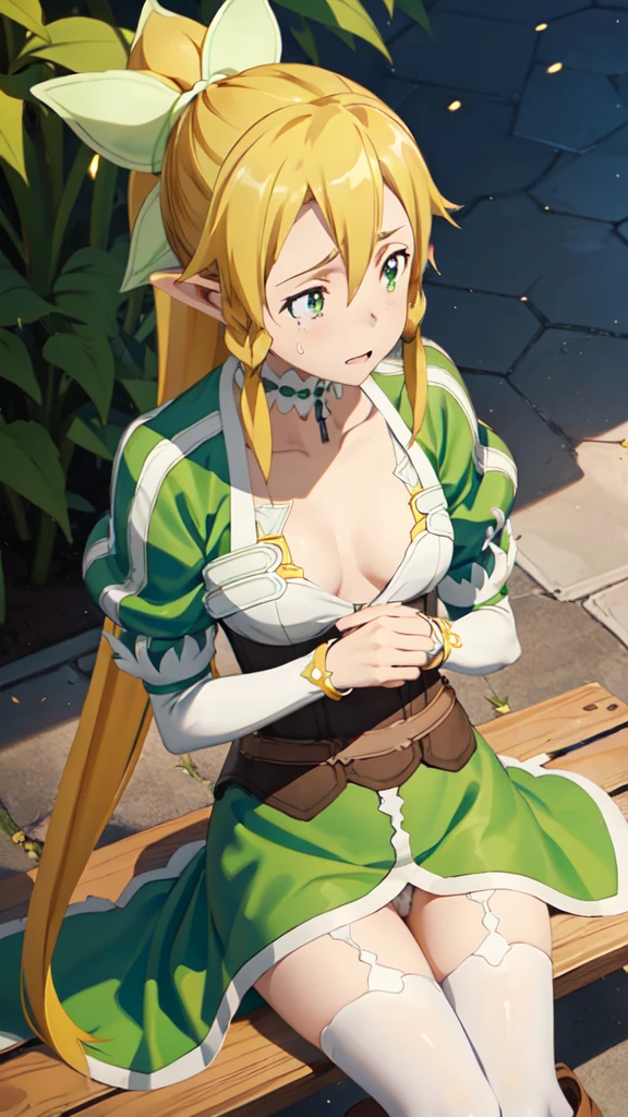 masterpiece,best quality,dutch angle,Ultra detailed,8K,realistic,ultra detailed,highly detailed,physics-based rendering,cinematic lighting,1girls,flat chest,naked,crying,pussy cum,, street,on Bench,sword art online,Leafa,garden