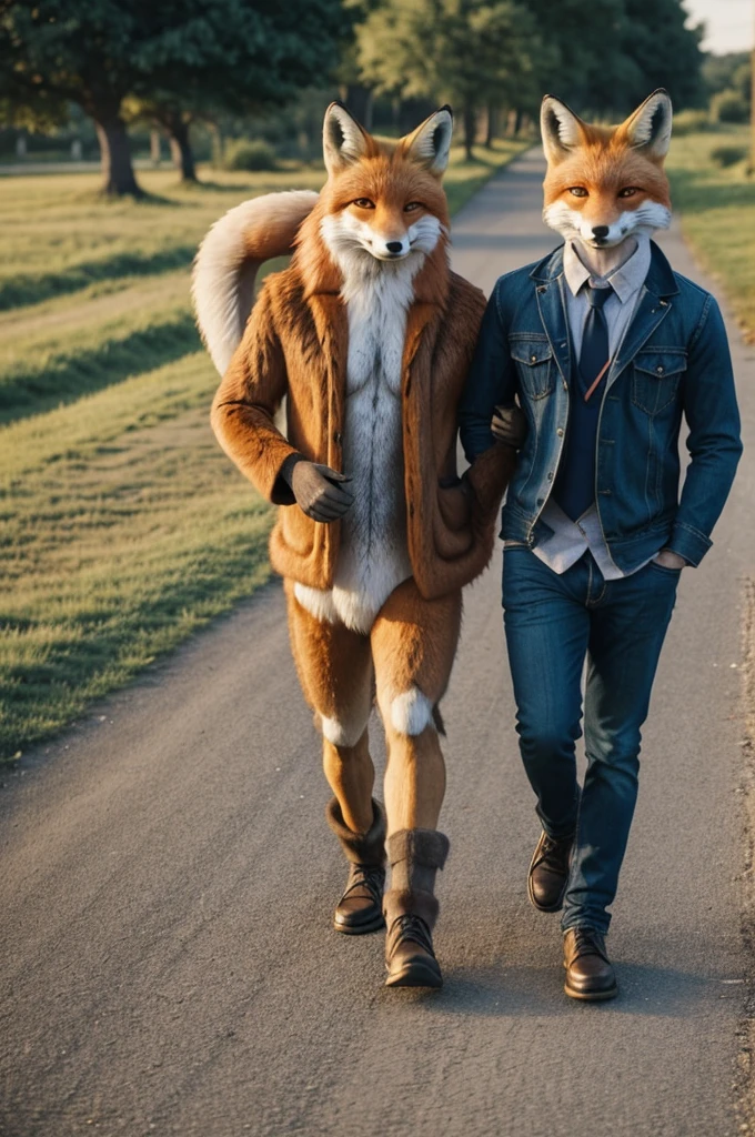Two male fox furries. They are dating. They are walking together happily talking. They are holding eachother.