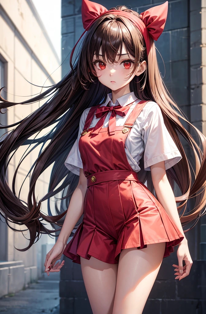 Anju from zombie 100 anime, she has long brown hair with a red ribbon hairband, white buttoned shirt wjth short sleeves, overall shorts, short white socks, and white dress shoes, she has a slender body with a flat chest and a medium bubble butt.