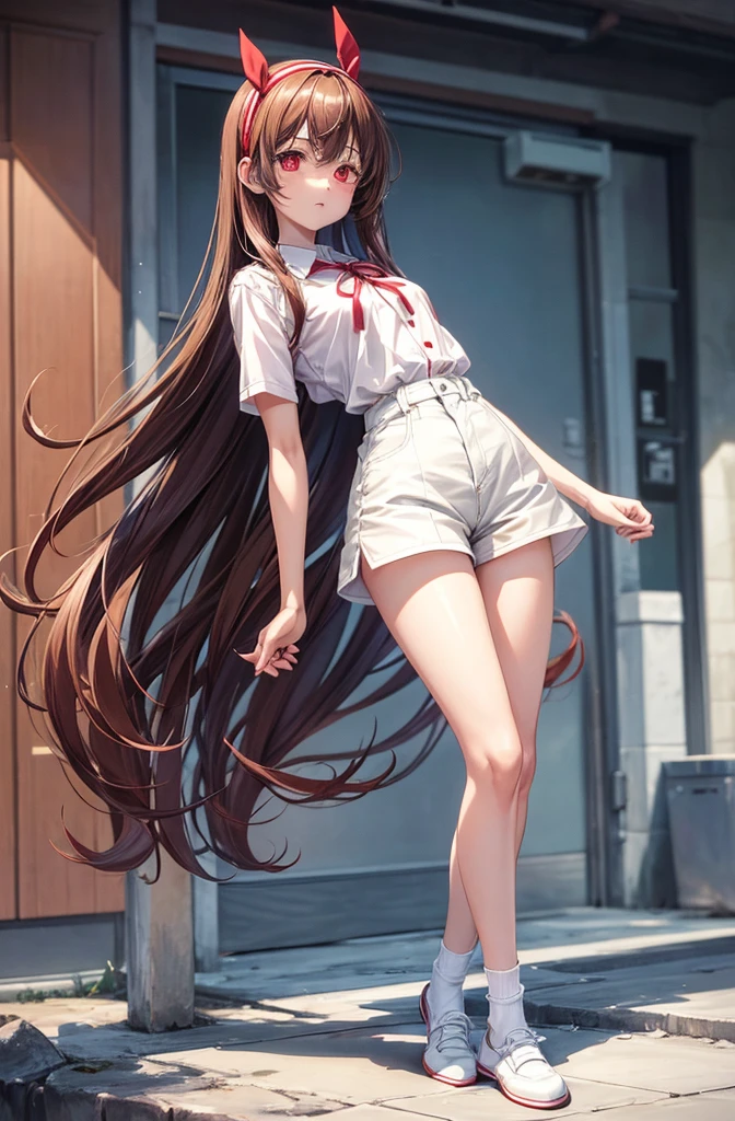 Anju from zombie 100 anime, she has long brown hair with a red ribbon hairband, white buttoned shirt wjth short sleeves, overall shorts, short white socks, and white dress shoes, she has a slender body with a flat chest and a medium bubble butt. 