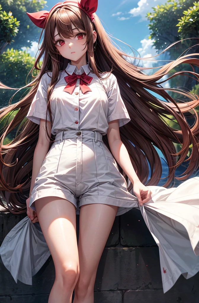 Anju from zombie 100 anime, she has long brown hair with a red ribbon hairband, white buttoned shirt wjth short sleeves, overall shorts, short white socks, and white dress shoes, she has a slender body with a flat chest and a medium bubble butt. 