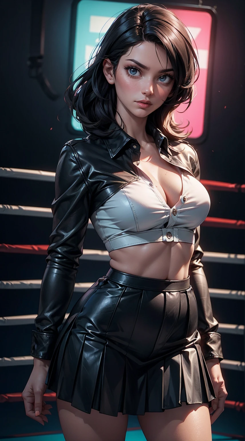 (masterpiece), (top-quality), (realistic:1.5), 1girl, long jet-black hair, thicc, looking at viewer, eye contact, stunningly beautiful 20 years old Denise Milani, detailed cyberpunk boxing ring in background, neon lights, industrial, ((black leather long-sleeved formal shirt)), ((black leather pleated boxing skirt)), curvy body, toned midriff, cleavage, large breasts, upper body, mid shot, masterpiece, detailed, mature, bright colors, high saturation, stunningly beautiful girl, kbright emerald-green eyes, dark black hair, tanned, synthwave, enanched_beauty, precise hands, confident look、determined, bravery, Clear eyes, Shining eyes,, ultra-definition, Top resolution, soft lightning