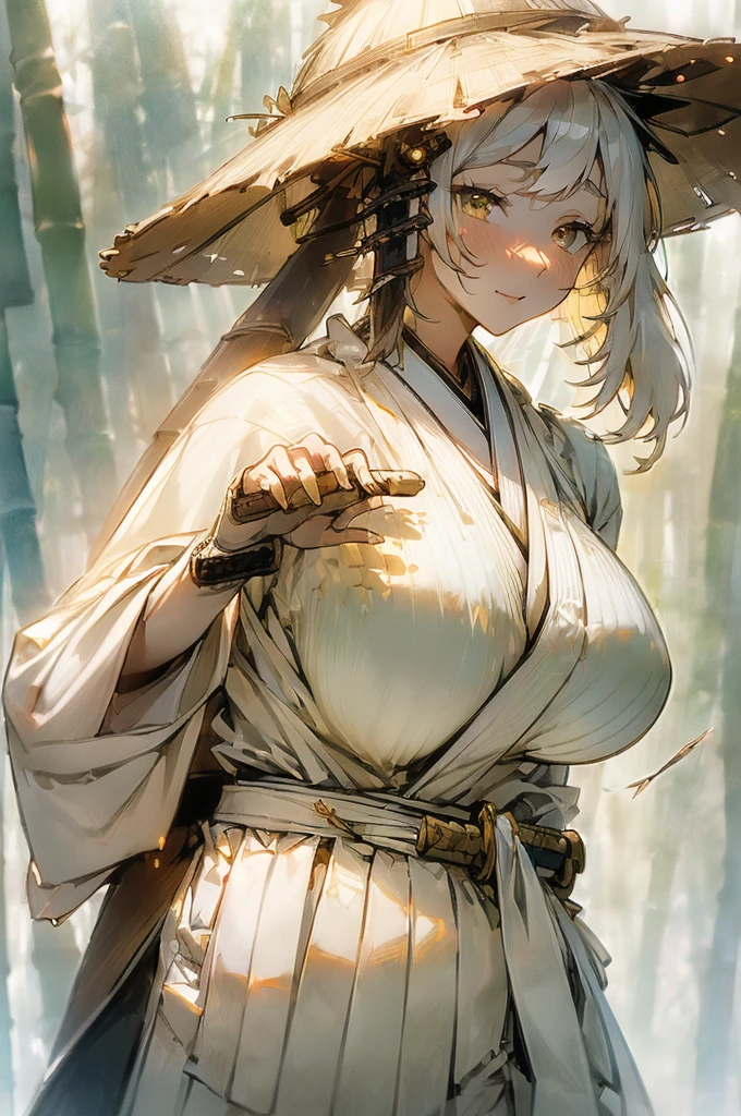 {masterpiece, distinct_image, extremely detailed CG, (extremely detailed fine touch:1.2), (natural light, sun light, light rays, dappled light, ray tracing:1.2), beautiful eyes and detailed face,white ink splashing, photo realistic, 4k, 8k, high_resolution,(perfect_finge:2.0), (beautiful_detailed_eyes:1.3), glitter, white_light, (glow_white_face, front_light:1.3),{1girl, face_focus, looking for_in_viewer, upper_body, dynamic angle, standing, fighting stance, put own sword in sheath, own hand on own waist },{adult, (huge_breasts, wide_hip:1.3), (White sword sheath on waist,Japanese white hakama, white long haori, Detailed sword handle, light yellow_bamboo_hat:1.7),(white_hair, white_eyes, long_hair, fluttering hair, slanted_eyes, bangs:1.4), white background}