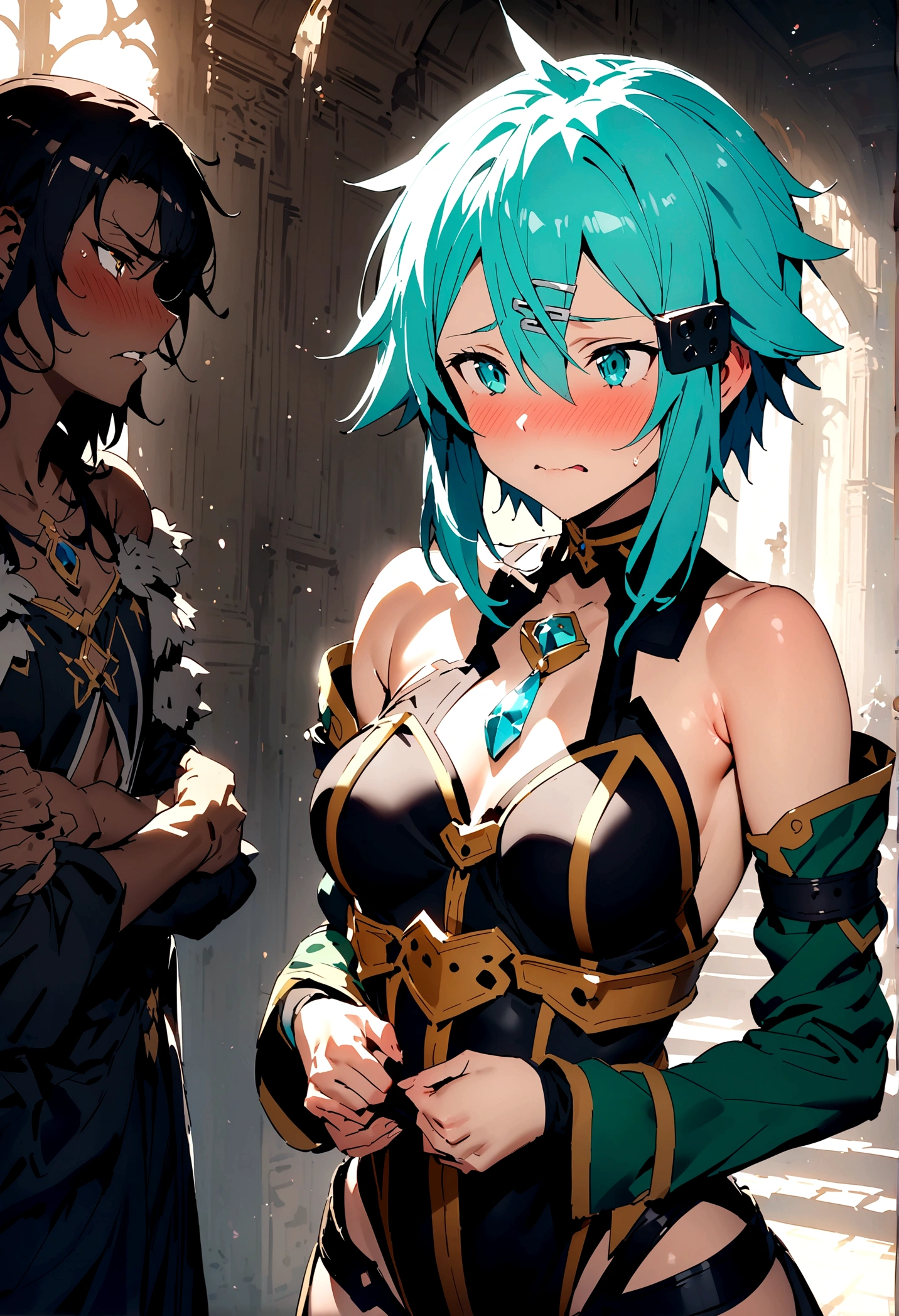 NSFW,masterpiece,Highest quality,High resolution,Super detailed,Sinon\(Sword Art Online\),Bare shoulders,Removable sleeves,Hand guard,leotard,mini skirt,gem, hair ornaments, Hair Clip,Embarrassed,expectant face,(Lust),(Estrus),blush,Fantasy,Adventurer&#39;s Guild,reception,indoor,(Tough-faced man),Put your hands on my waist and hold me close