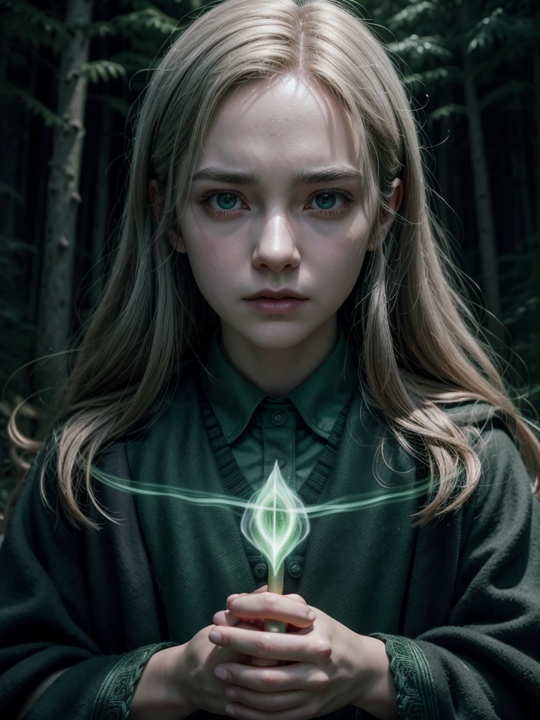character face from the Harry Potter universe in Lé in front of a dark forest, angry facial expression, Slytherin house, Stiff white hair, wand with green aura around, Avada Kedavra, 4K anime-style, RGB lighting,