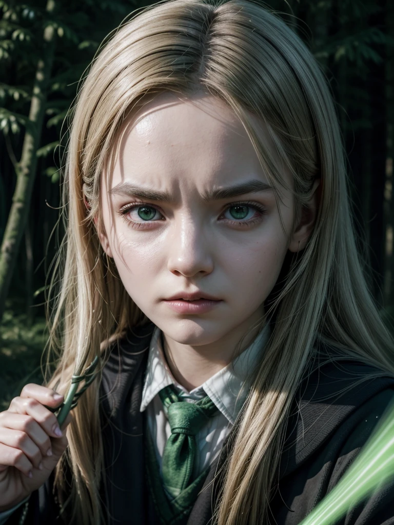 character face from the Harry Potter universe in Lé in front of a dark forest, angry facial expression, Slytherin house, Stiff white hair, wand with green aura around, Avada Kedavra, 4K anime-style, RGB lighting,