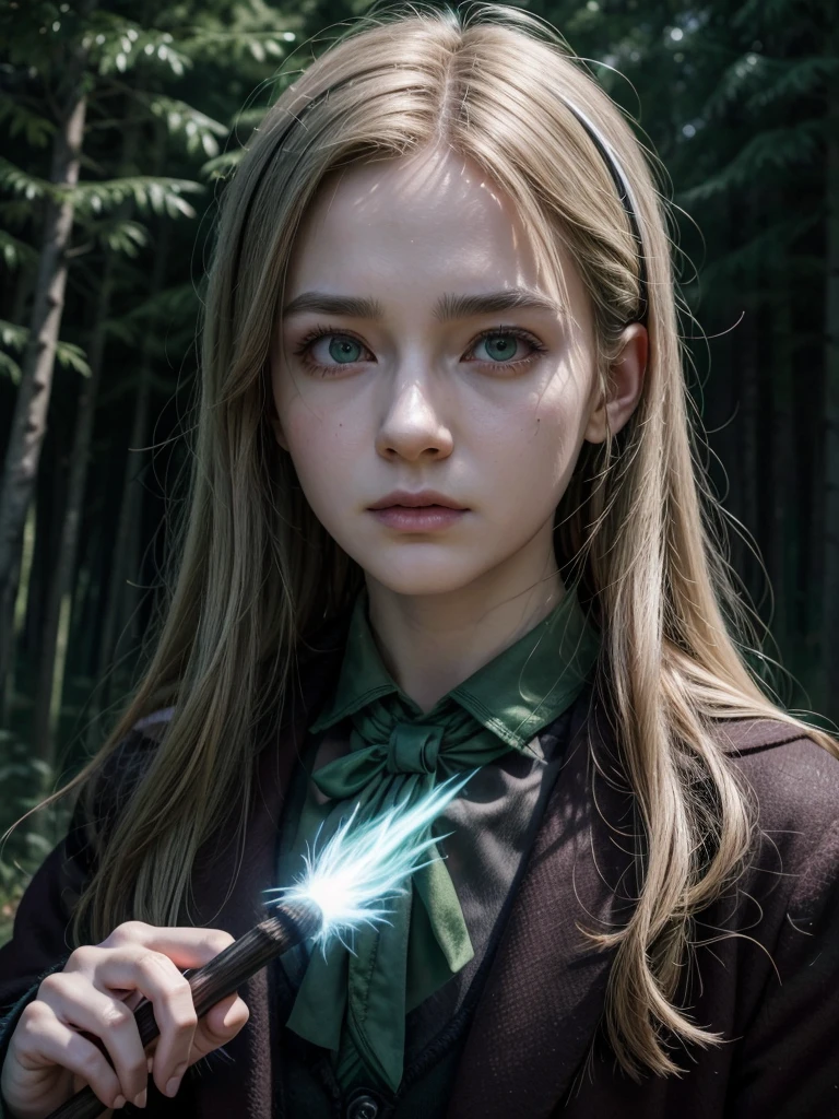 character face from the Harry Potter universe in Lé in front of a dark forest, angry facial expression, Slytherin house, Stiff white hair, wand with green aura around, Avada Kedavra, 4K anime-style, RGB lighting,