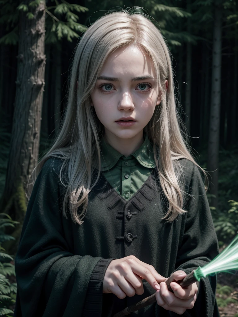 character face from the Harry Potter universe in Lé in front of a dark forest, angry facial expression, Slytherin house, Stiff white hair, wand with green aura around, Avada Kedavra, 4K anime-style, RGB lighting,