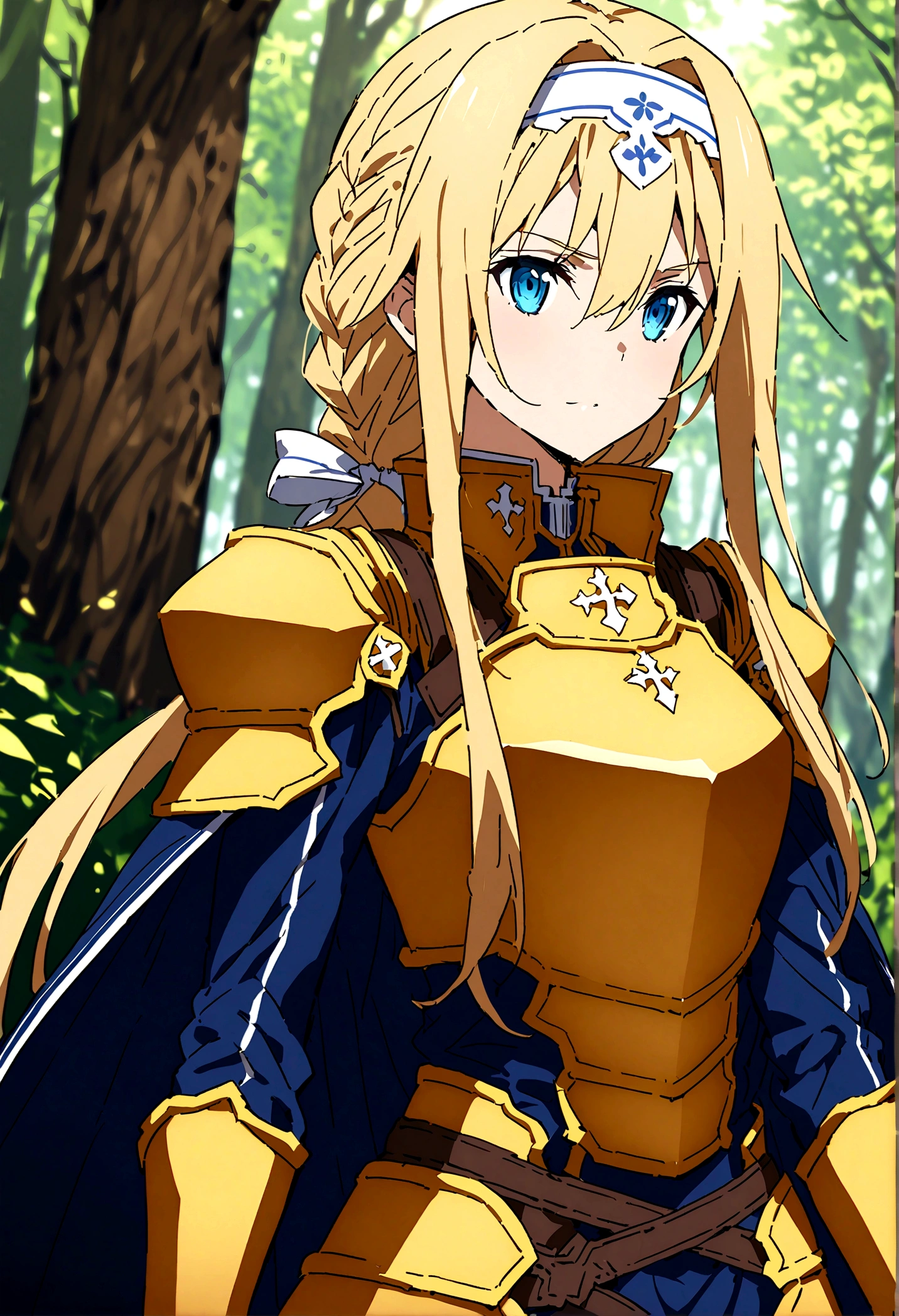 NSFW,masterpiece,Highest quality,High resolution,Super detailed,(Sword Art Online\), Alice Zuberg、bangs、blue eyes、Blonde Hair、Hair between the eyes、Very long hair、Braid、hair band、白いhair band,dress、Cape、armor、青いdress、Shoulder rest、Gauntlet、Scapula、breastplate、armor付きdress、Fold、青いCape、knight、金のarmor,Body Armor,in the forest