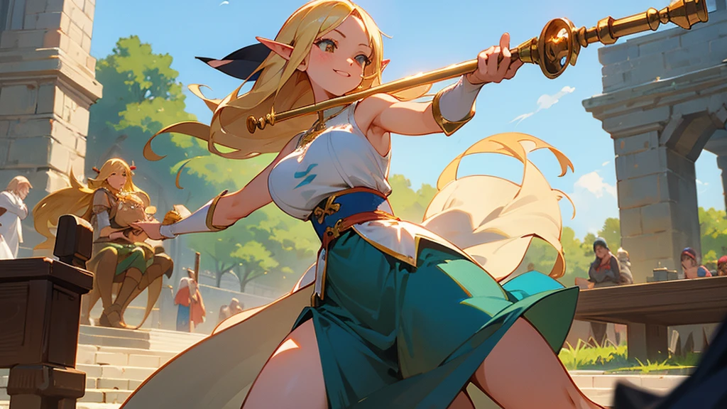 Anime Style,Nostalgic,Detailed background,The medieval world,A bustling square with many people,Smiling bard beautiful elf girl,flute,Large Breasts,Underarm,Healthy thighs