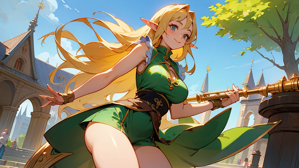 Anime Style,Nostalgic,Detailed background,The medieval world,A bustling square with many people,Smiling bard beautiful elf girl,flute,Large Breasts,Underarm,Healthy thighs