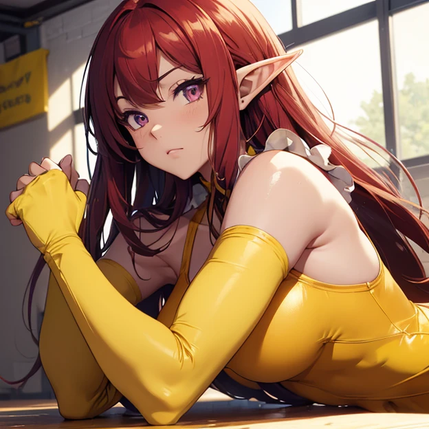 (absurdres, best high quality image, very detailed character and image, carefully detailed textures and pixels, carefully detailed character and image, very detailes features and textures, solo character alone)
{{1character: 27 years old elf girl common citizen}, (Scarlet Red long straight hair, fair skin, light purple eyes, beauty, short pointy elf ears, beautiful face, beautiful features, big breasts, voluptous body, beautiful legs, big butt), (Yellow one-piece female wrestling leotard with frills, yellow arm sleeves, yellow elbow pads, yellow wristbands, yellow wrestling boots, yellow knee pads, flower adorning her hair), (serious face, focus expresion, nice sweetest girl, brave demeanor), (wrestling gym's ring)}}