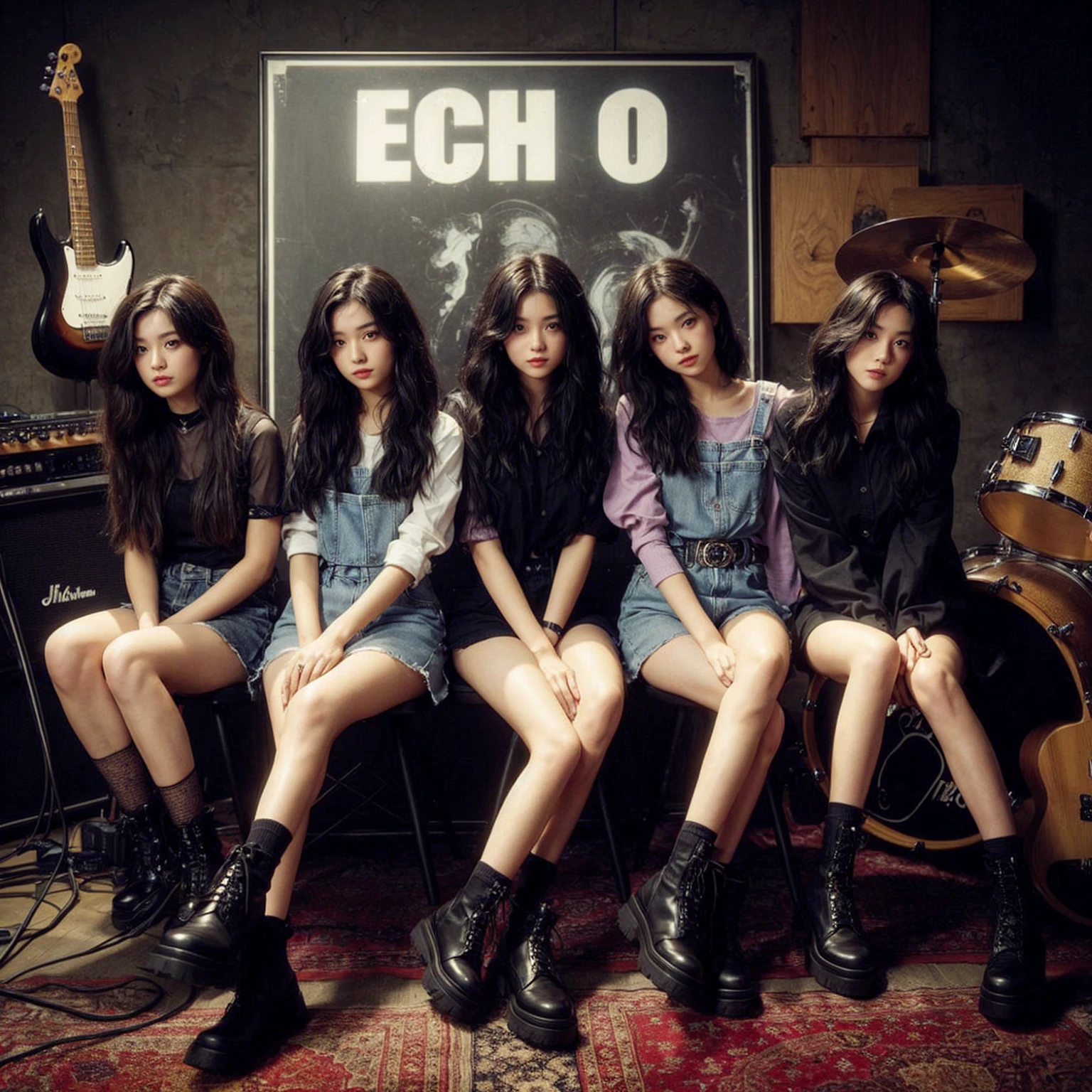 **Photo of 5 beautiful girls, aged 18 to 20, sitting:**
- **3 girls with messy black hair**
- **1 girl with wavy bob black hair**
- **1 girl with a black ponytail**
One girl is playing the drums, one girl is playing the piano, one girl is playing the bass guitar, one girl is playing the guitar, and one girl is singing. They are sitting behind a board with the word "ECHO" written on it. The background is a music studio, complete with drums, guitars, bass guitar, and piano. The image is ultra HD, 4k, photorealistic, raw, and a masterpiece.