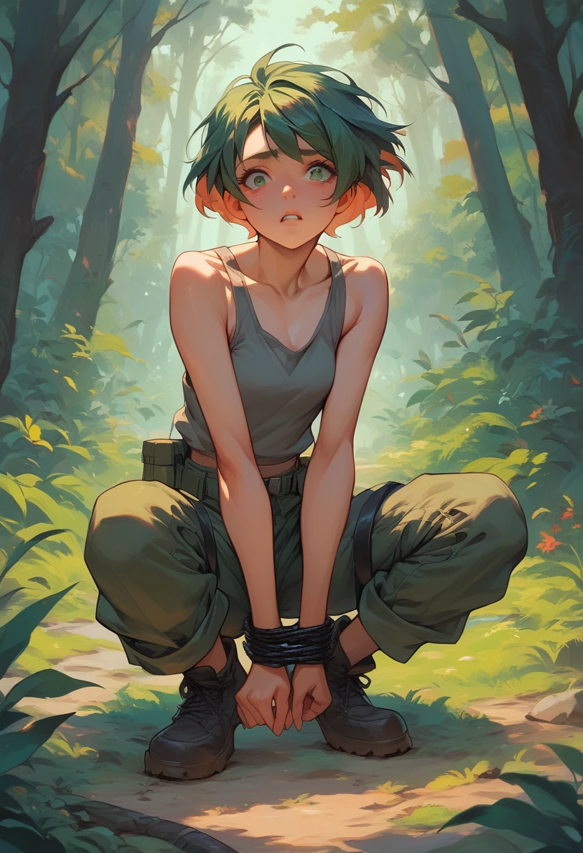 A Japanese woman with short ash-colored hair, wearing a gray tank top, khaki green cargo pants, and black short boots, restrained by LED-illuminated electrical cords in a forest of LED-illuminated machines.