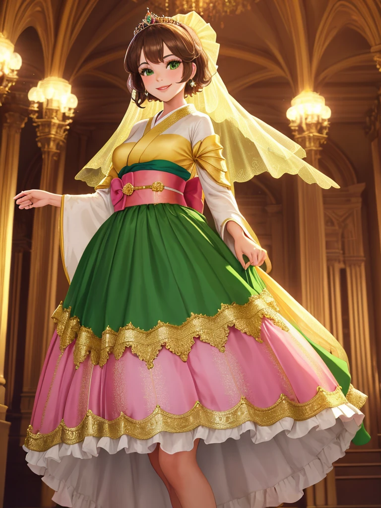 masterpiece, best quality:1.2), 1girl, smile, looking at viewer, green eyes, short brown hair, princess, princess dress, wearing puffy pink ballgown skirt reaching the floor, green kimono, golden tiara with veil, standing in ballroom of medieval castle