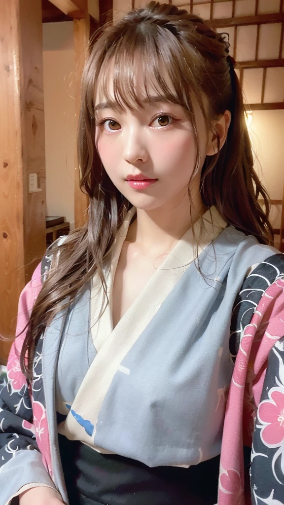 (Highest quality、8K、32k、masterpiece)、(masterpiece, Latest,Exceptional:1.2), anime, One Girl,Front hair,black_hair, 美しい8Kの目,Looking_in_audience,One person in,Are standing,((Very beautiful woman, Fuller lips, Japanese pintern kimono))、((Colorful Japanese kimono)))、(((Medium Shot)))、blunt bungs、(High resolution)、Very beautiful face and eyes、1 Girl 、Round and small face、Tight waist、delicine body、(Highest quality high detail Rich skin details)、(Highest quality、8K、Oil paints:1.2)、Very detailed、(Realistic、Realistic:1.37)、Bright colors、(((blackhair)))、(((longhair)))、(((cowboy pictures)))、((( Inside old Japanese house)))、(masterpiece, Highest quality, Highest quality, Official Art, beautifully、beautiful:1.2), (One Girl), Very detailedな,(Fractal Art:1.3),colorful,Most detailed,Sengoku period(High resolution)、Very beautiful face and eyes、1 Girl 、Round and small face、Tight waist、Delicine body、(Highest quality high detail Rich skin details)、(Highest quality、8K、Oil paints:1.2)、(Realistic、Realistic:1.37)、By Greg Rutkowski:Alphonse Mucha Ropp, pink lip