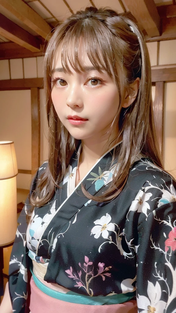 (Highest quality、8K、32k、masterpiece)、(masterpiece, Latest,Exceptional:1.2), anime, One Girl,Front hair,black_hair, 美しい8Kの目,Looking_in_audience,One person in,Are standing,((Very beautiful woman, Fuller lips, Japanese pintern kimono))、((Colorful Japanese kimono)))、(((Medium Shot)))、blunt bungs、(High resolution)、Very beautiful face and eyes、1 Girl 、Round and small face、Tight waist、delicine body、(Highest quality high detail Rich skin details)、(Highest quality、8K、Oil paints:1.2)、Very detailed、(Realistic、Realistic:1.37)、Bright colors、(((blackhair)))、(((longhair)))、(((cowboy pictures)))、((( Inside old Japanese house)))、(masterpiece, Highest quality, Highest quality, Official Art, beautifully、beautiful:1.2), (One Girl), Very detailedな,(Fractal Art:1.3),colorful,Most detailed,Sengoku period(High resolution)、Very beautiful face and eyes、1 Girl 、Round and small face、Tight waist、Delicine body、(Highest quality high detail Rich skin details)、(Highest quality、8K、Oil paints:1.2)、(Realistic、Realistic:1.37)、By Greg Rutkowski:Alphonse Mucha Ropp, pink lip