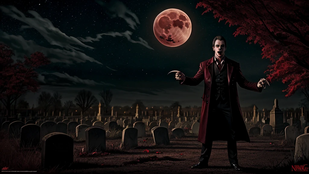 A male vampire standing aggressively on a graveyard, vampire bats are flying aggressively, night, horror, movie poster, oil painting effect, angry, motion, Indian, red eyeball, moon, long teeth, long nail,