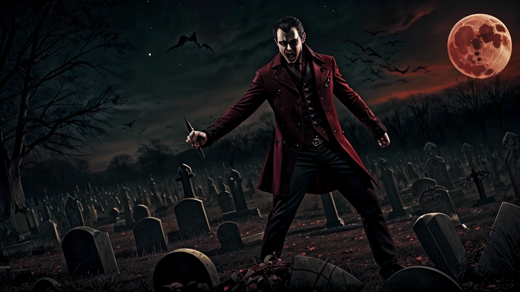 A male vampire standing aggressively on a graveyard, vampire bats are flying aggressively, night, horror, movie poster, oil painting effect, angry, motion, Indian, red eyeball, moon, long teeth, long nail,