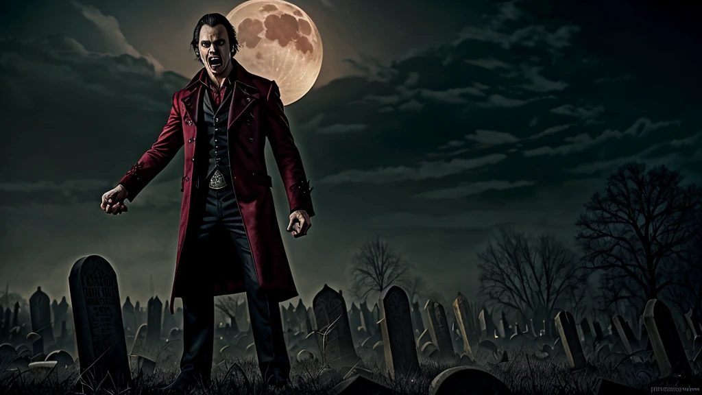 A male vampire standing aggressively on a graveyard, vampire bats are flying aggressively, night, horror, movie poster, oil painting effect, angry, motion, Indian, red eyeball, moon, long teeth, long nail,