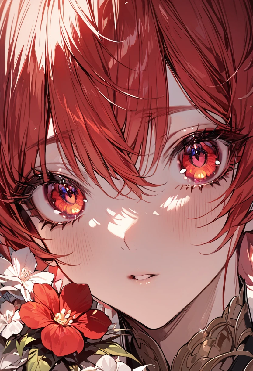 (masterpiece), (Highest quality), Very detailed, 1 boy, Solo Shooting, Perfect Face, Beautiful Face, Very detailed顔,(Redhead Short Hair:1.3),(Big eyes:1.4),(Long eyelashes:1.4)、(Red eyes:1.3)、Lots of flowers