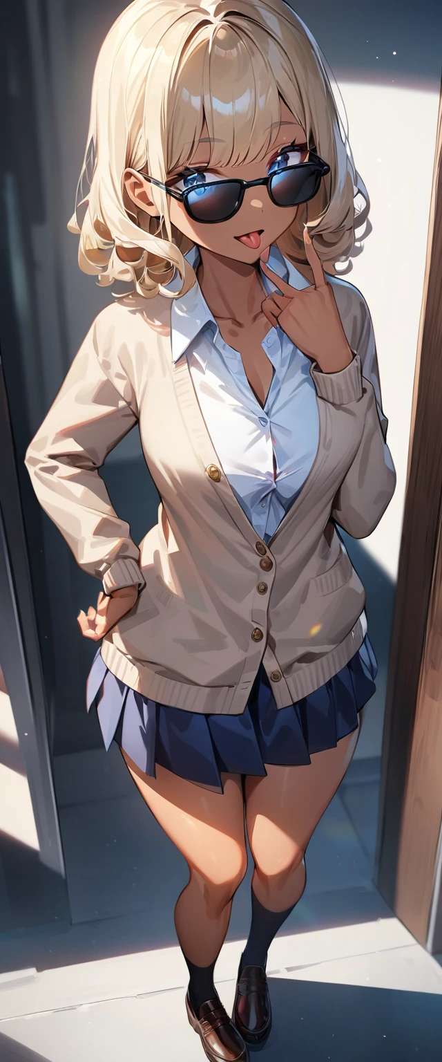 (((One girl))), from back, looking back, ((tanned skin:1.3)), blond hair, inwardly curled hair, ((sunglasses, hand to sunglasses)), open mouth, tongue out, ((one hand on hip)), ((bob cut:1.3, wavy hair)), breasts, (full body), standard body, (looking at viewer), collarbone, ((cardigan)), ((((school winter uniform, white unbuttoned shirt, skirt)))), (open collar), ((sleeves past wrists)), teenager, head tilt:1.3, (((blue eye))), ((happy smile)), (((anime style))), (best quality, 4k, 8k, highres, masterpiece:1.2, ultra-detailed, ultra-detailed eyes, HDR, UHD, studio lighting, ultra-fine painting, sharp focus, physically-based rendering, extreme detail description, professional, vivid colors, bokeh), ((Highest quality, Best image quality, Ultra-high resolution, Ultra-high resolution, solo, Strong eye highlights)), Depth of written boundary, Natural soft light, attractive, Beautiful Face, Cleanliness, Pure Face, nedium chest, Beautiful Face, Perfect Fingers, Perfect hands, Perfect body, Perfect Face, Shine a light into your eyes, Perfect Anatomy
