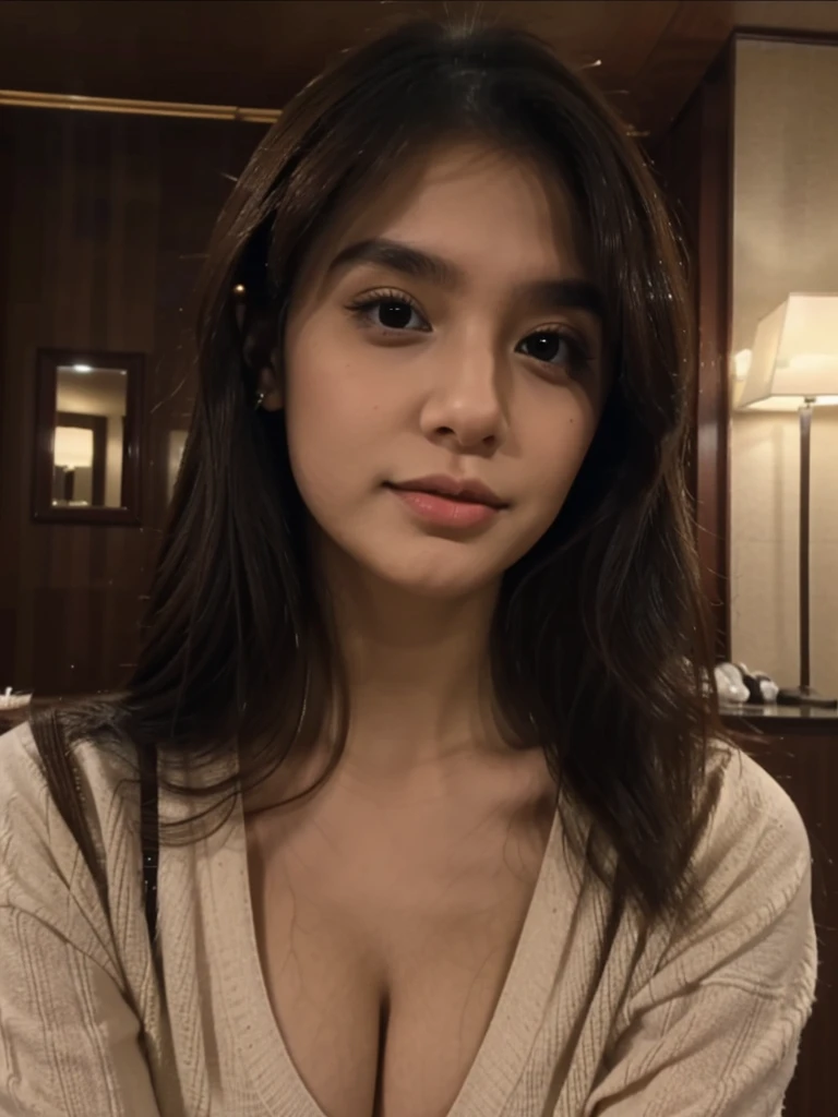 Beautiful young woman , big brown eye, small nose, round lips, in hotel romm, at night