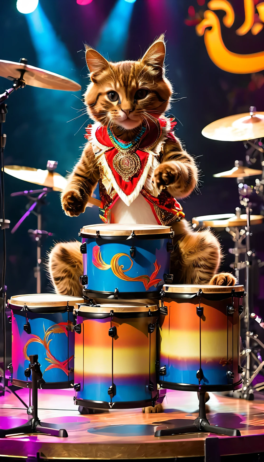 A brown cat wearing an idol costume playing drums on stage