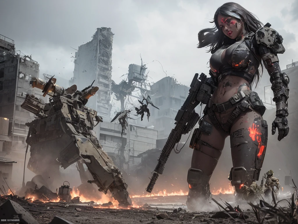 Post-apocalyptic combat scene with beautiful hyper-realistic photographs of a beautiful young Colombian woman with tattoos , flag of colombia  (dirty face splattered with blood),(Using full heavy mecha armor, Combat Harness, neon highlights) short red dreadlocks, combat pose, ( Combat helicopter), exterior of destroyed building, fires, fumo, wreckage, camouflage net, Ammunition boxes, Raby, stormy, humida, abstract beauty, near perfection, pure form, details Intricate, 8k post production, high resolution, super detaill, trends on artstation, sharp focus, studio photos, details Intricate, very detailled, call of duty game.