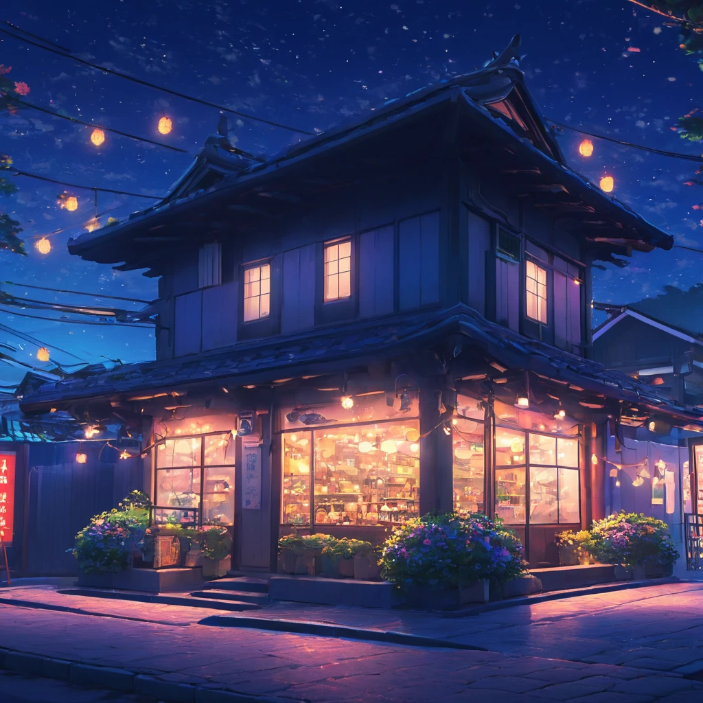 A standalone store that is lit up at night, Night Sky, street, Colorful flowers, Cozy cafe background, Cozy atmosphere, night village backgrounds, Cozy home background, Cool vibe, pleasant Cozy atmosphere, In a Japanese town at night, Ghibli atmosphere, Lo-fi aesthetic, Warm atmosphere, Cool vibes, Alena Aenami and Artgerm, Cozy place, Anime Wallpaper, Anime Scenery, 32k ..., High resolution, Ultra HD