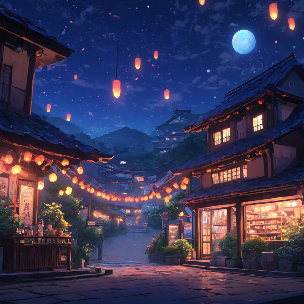 A standalone store that is lit up at night, Night Sky, street, Colorful flowers, Cozy cafe background, Cozy atmosphere, night village backgrounds, Cozy home background, Cool vibe, pleasant Cozy atmosphere, In a Japanese town at night, Ghibli atmosphere, Lo-fi aesthetic, Warm atmosphere, Cool vibes, Alena Aenami and Artgerm, Cozy place, Anime Wallpaper, Anime Scenery, 32k ..., High resolution, Ultra HD