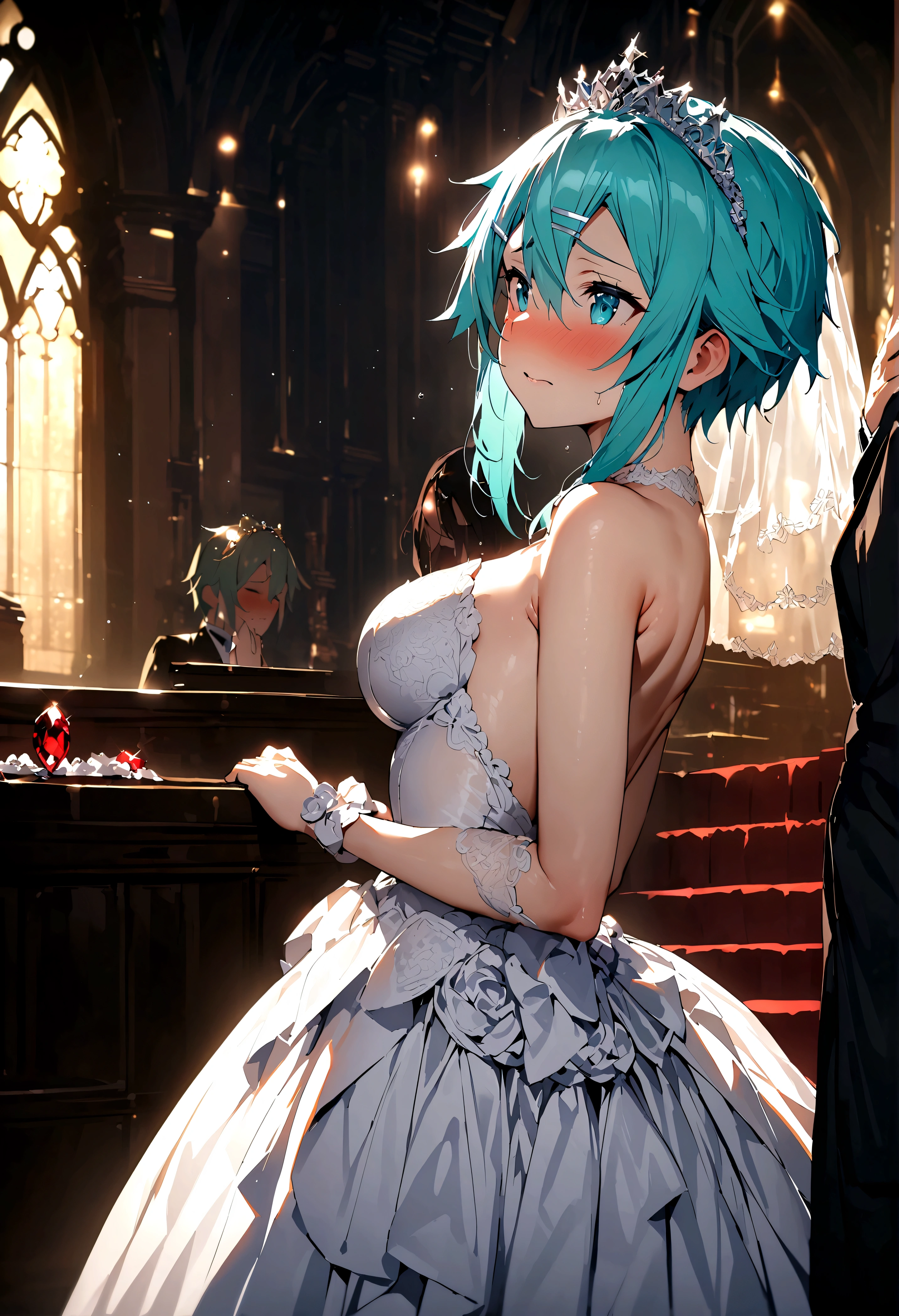 NSFW,masterpiece,Highest quality,High resolution,Super detailed,Sinon\(Sword Art Online\),(High quality sexy wedding dress),High-quality wedding lingerie,Wedding Veil,tiara,gem, hair ornaments, Hair Clip,wedding ring,Embarrassed,expectant face,(Lust),blush,Church at night in the moonlight,Luxurious Room,wedding,From the side