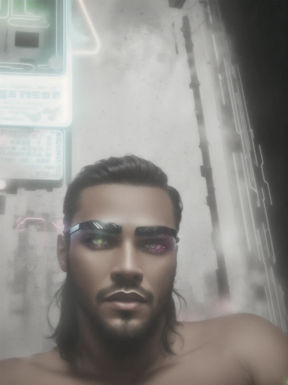 An award winning master piece photo of a cyborg man with psychedelic colors standing in a city street at night in the rain, wearing neon-colored glowing goggles, 8k, (high quality:1.1), (cinematic feeling:1.1), dark deep shadows, incredibly intricate detailing, art , (up close:1.1), from above, looking at viewer, (light sparkles:1.1), (chromatic aberration,:1.2) background with floating light artifacts