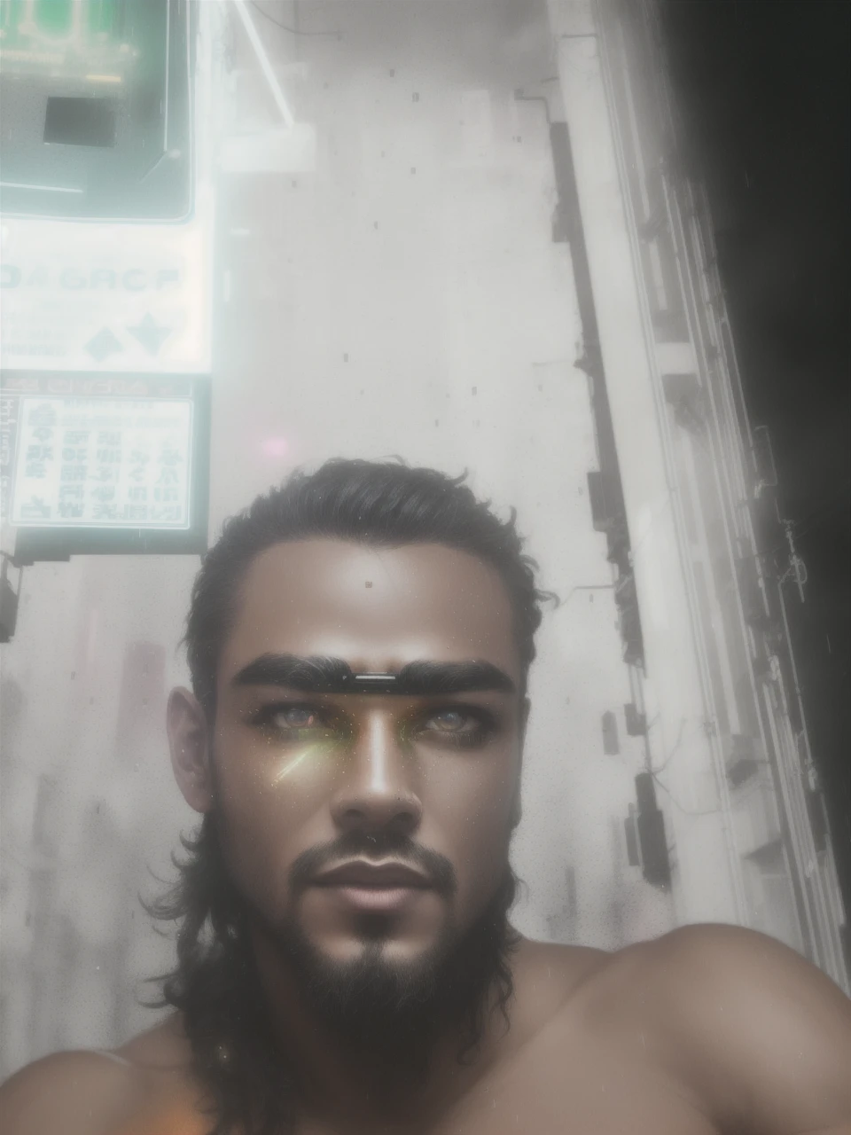 An award winning master piece photo of a cyborg man with psychedelic colors standing in a city street at night in the rain, wearing neon-colored glowing goggles, 8k, (high quality:1.1), (cinematic feeling:1.1), dark deep shadows, incredibly intricate detailing, art , (up close:1.1), from above, looking at viewer, (light sparkles:1.1), (chromatic aberration,:1.2) background with floating light artifacts