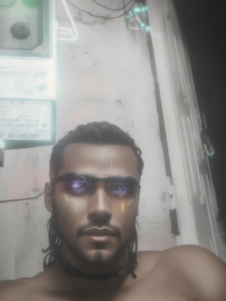 An award winning master piece photo of a cyborg man with psychedelic colors standing in a city street at night in the rain, wearing neon-colored glowing goggles, 8k, (high quality:1.1), (cinematic feeling:1.1), dark deep shadows, incredibly intricate detailing, art , (up close:1.1), from above, looking at viewer, (light sparkles:1.1), (chromatic aberration,:1.2) background with floating light artifacts
