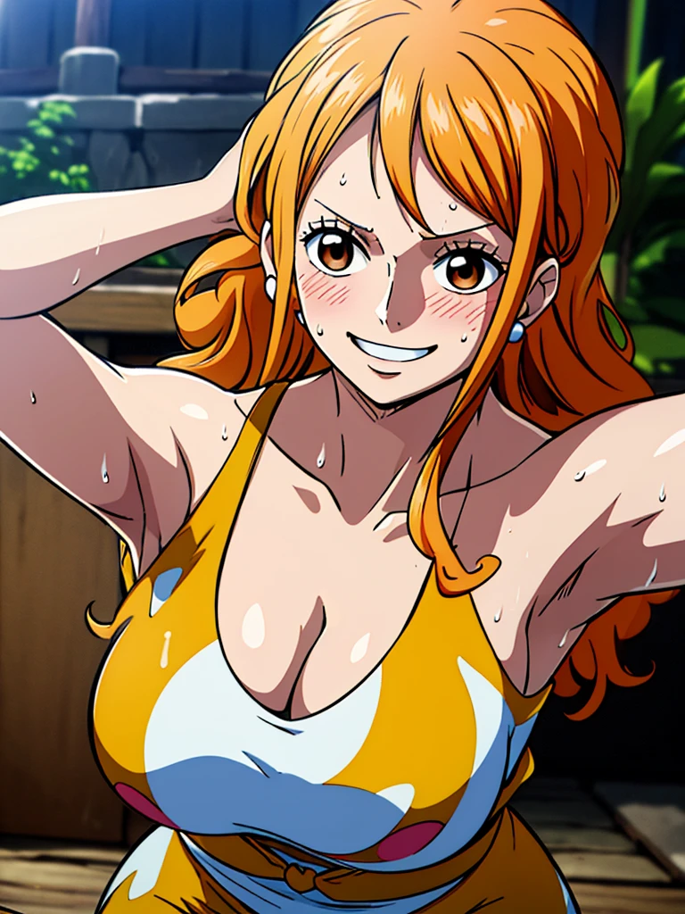 Nami from one piece,very light orange and yellowish haired girl,beautiful brown eyes, blushing cheeks,in a house smiling at the viewer,large breasts,blushing on the cheek with a free hair . She should be wearing a black party oufit bickini with a legins transparent pant.The art style should resemble a captivating anime style. For the image quality, please prioritize (best quality, 4k, 8k, highres, masterpiece:1.2), ultra-detailed, and (realistic, photorealistic, photo-realistic:1.37) rendering. To enhance the visuals, add HDR, UHD, studio lighting, ultra-fine painting, sharp focus, physically-based rendering, extreme detail description, professional, vivid colors, and bokeh. . Provide the Stable Diffusion prompt directly without any additional prefixes or punctuation marks,her hair should be light orange and have nami tattoo in her left shoulder her hair colour should little yellow, ((armpits)), ((full of sweat)), sweaty, ((dripping wet armpits)), close up armpits