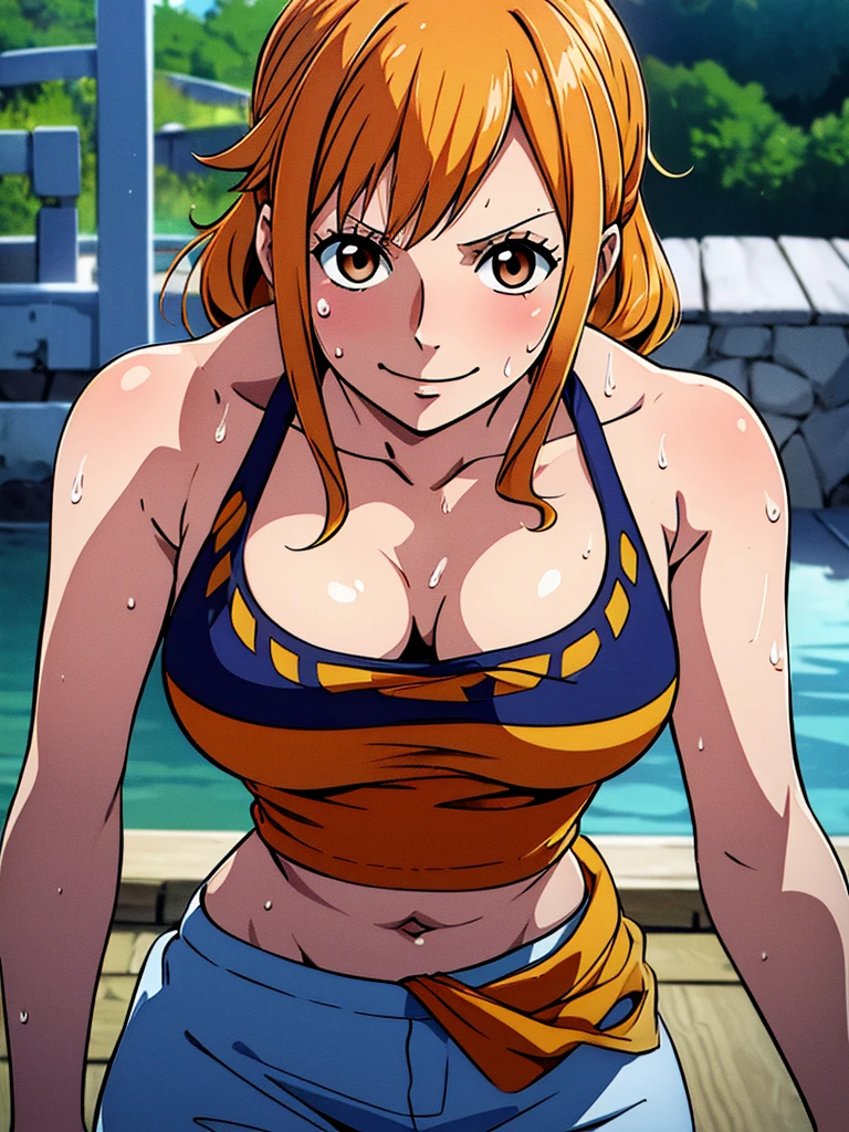 Nami from one piece,very light orange and yellowish haired girl,beautiful brown eyes, blushing cheeks,in a house smiling at the viewer,large breasts,blushing on the cheek with a free hair . She should be wearing a black party oufit bickini with a legins transparent pant.The art style should resemble a captivating anime style. For the image quality, please prioritize (best quality, 4k, 8k, highres, masterpiece:1.2), ultra-detailed, and (realistic, photorealistic, photo-realistic:1.37) rendering. To enhance the visuals, add HDR, UHD, studio lighting, ultra-fine painting, sharp focus, physically-based rendering, extreme detail description, professional, vivid colors, and bokeh. . Provide the Stable Diffusion prompt directly without any additional prefixes or punctuation marks,her hair should be light orange and have nami tattoo in her left shoulder her hair colour should little yellow, ((armpits)), ((full of sweat)), sweaty, ((dripping wet armpits)), close up armpits