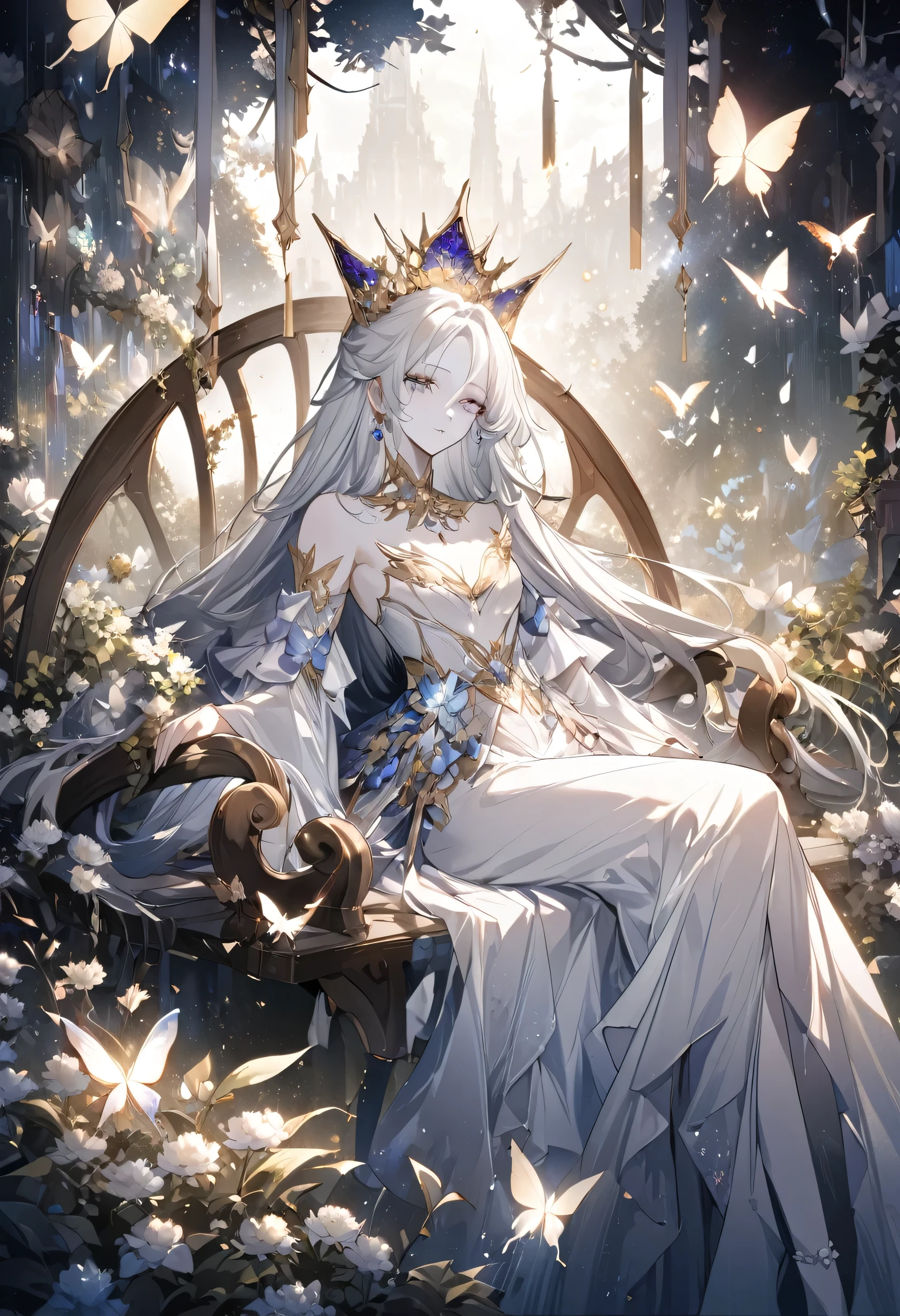 A woman wearing a crown，Sitting on a garden swing，Beautiful and elegant butterfly queen, Gweiz, Fantasy art style, 8k high quality detailed art, Butterfly King, Beautiful and enchanting Butterfly King woman，Digital fantasy art , Elegance, (Long white hair，White skin，The skin is translucent white，Eyes sparkling，Wearing a beautiful dress，Scalloped Sleeve，Beautiful Face， pale face），Fresh flowers，particle，shine，Gweiz-style artwork, Europe Art,