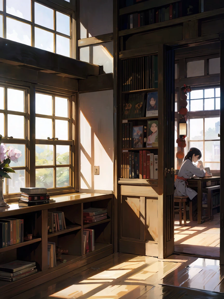 ((Japanese school library)), atmosphere of peace and quiet, play of light and shadows, beautiful background