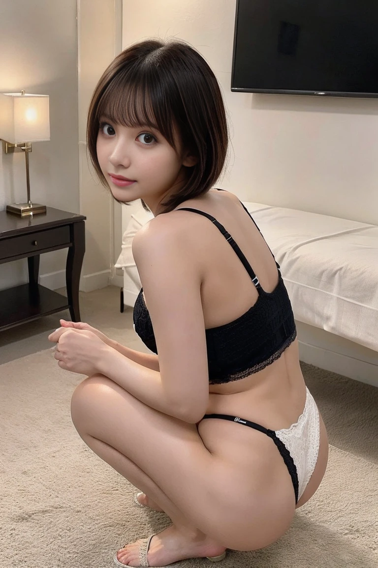 Short Hair、Highest quality, Super detailed, High resolution, 8K images), ((Knitted thong)),((Knitted bra,Side bust,Underbust)),((Show me your)), (((Stick your butt out))),((Squat with legs apart)), Fine and beautiful eyes,Perfect Proportions,(Overflowing big),(whole bodyが映る後ろからのアングル), Very beautiful and cute girl,22 years old,(anime),Kamimei,alone,Symmetric,whole body