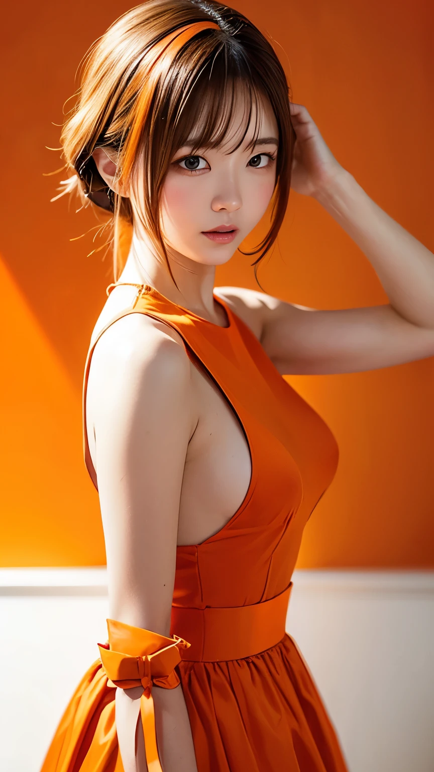 (((Orange background:1.3)))、Highest quality, Tabletop, High resolution, (((One Girl))), 16 years old,Orange attire、((Orange clothes:1.3、Orange Block Dress)), Tyndall effect, Realistic, Shadow Studio,Ultramarine Lighting, Dual Tone Lighting, (High Definition Skins: 1.2) Digital SLR, photograph, High resolution, 4K, 8K, Background Blur,Beautiful fade out、Orange World、Gray background