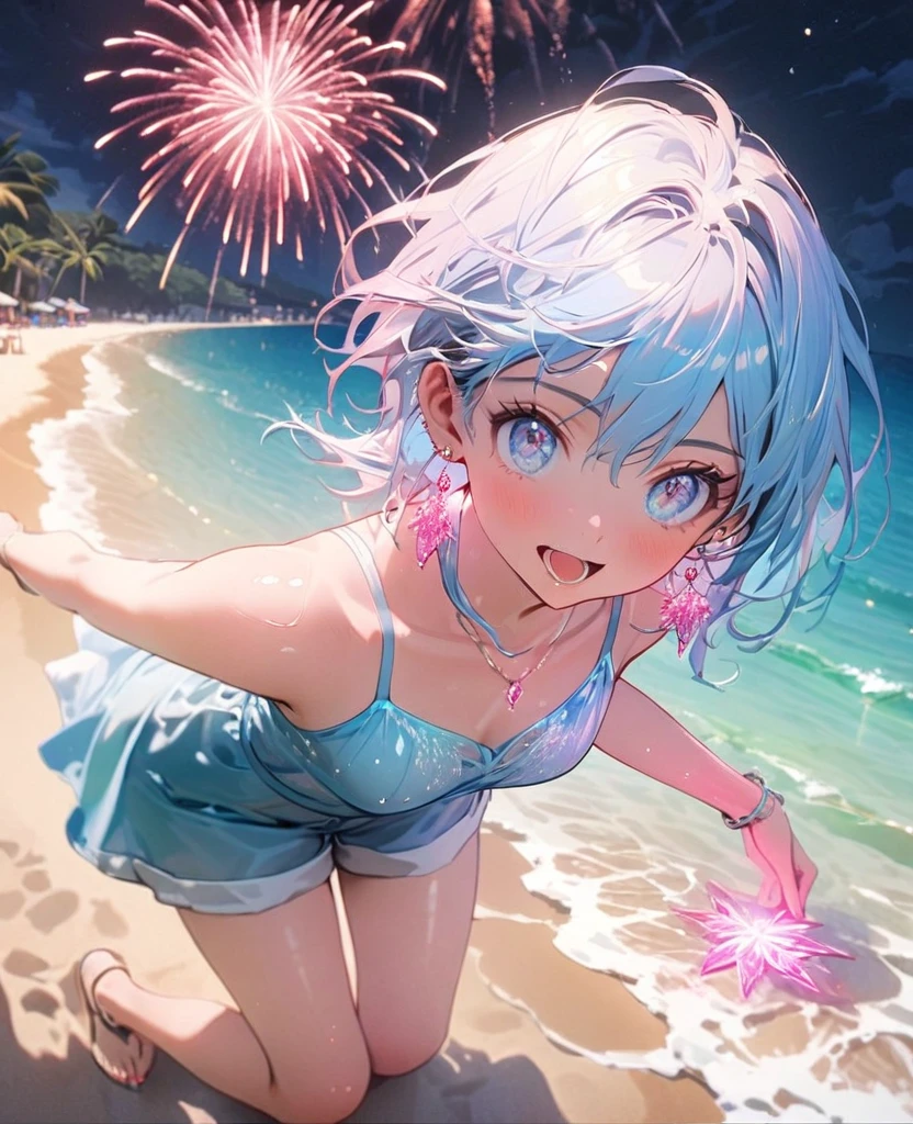 8K,gal，an extremely delicate and beautiful,Beautiful and realistic skin,Shiny jewel-like earrings,pink glowing tattoo,Long blue hair,beautiful eyes,whole body,beautiful tunktop,short pants,Summer beach,Beautiful glowing fireworks